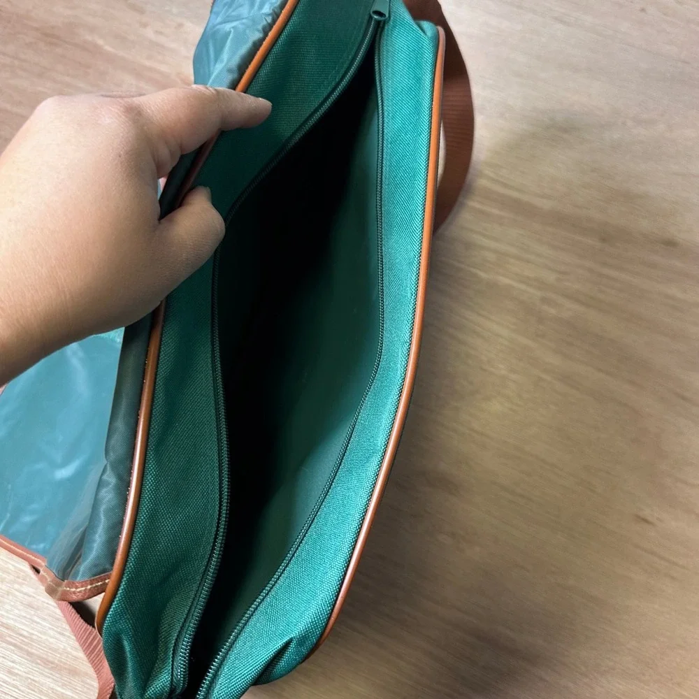 Polo Ralph Lauren Messenger Bag Teal Green Canvas Brown Trim Vintage Crossbody